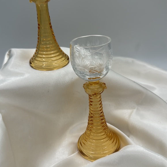 Roemer (?) Liqueur Goblets with Amber Bowl and Clear Engraved Bowl-2 - Picture 2 of 6